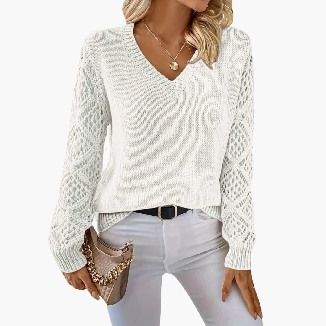 Womens Crochet Knit Jumper V-Neck with Sleeves