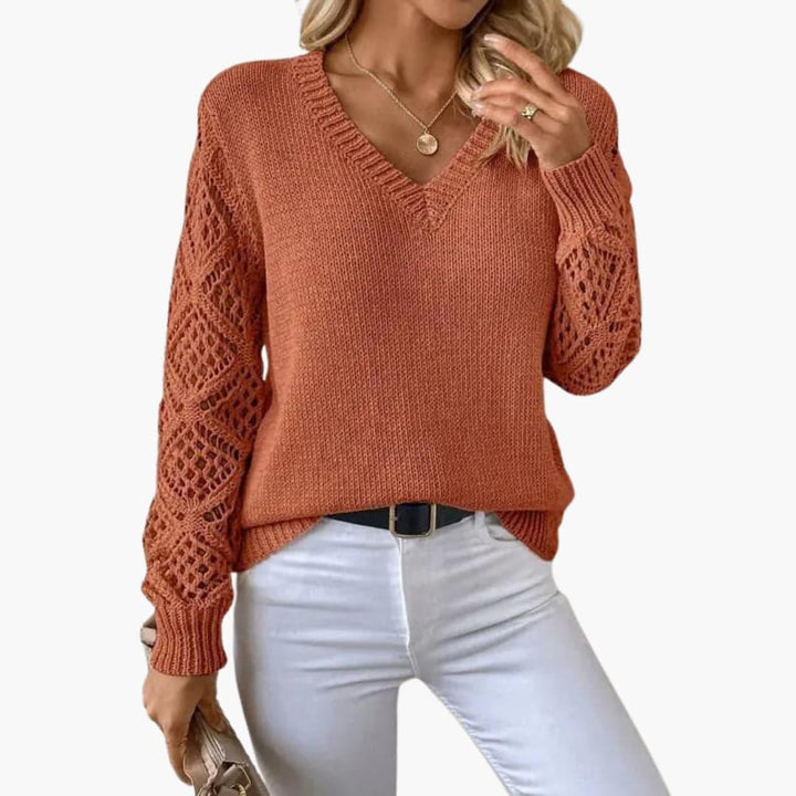 Womens Crochet Knit Jumper V-Neck with Sleeves