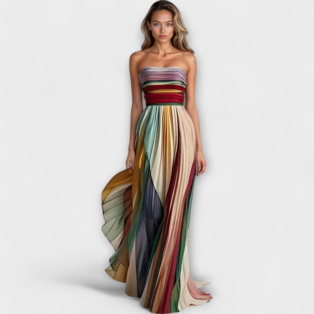 Womens Strapless Maxi Dress Pleated Bodice Occasion Wear - BritishMode