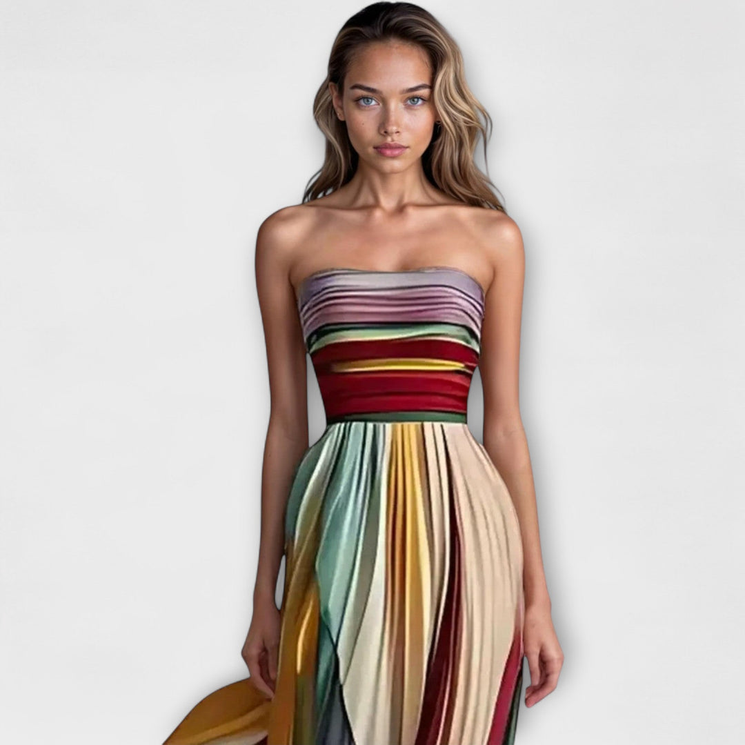 Womens Strapless Maxi Dress Pleated Bodice Occasion Wear