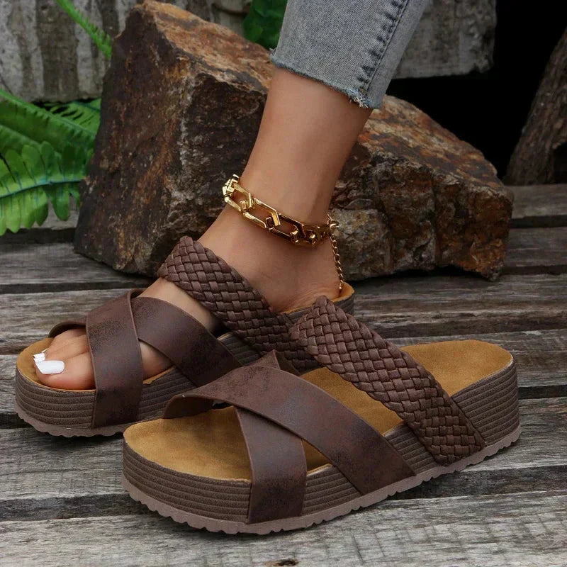 Womens Platform Wedge Sandals Braided Straps Open Toe - BritishMode