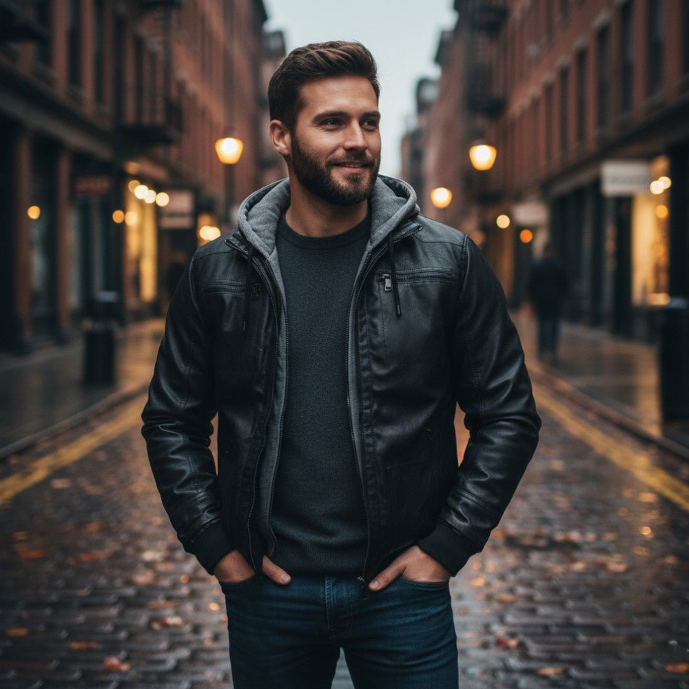 Mens Hooded Leather Jacket Winter Style - BritishMode