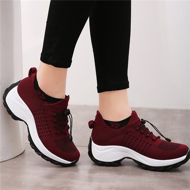 Womens Orthopedic Knit Trainers Lace-Up Platform Wide Fit - BritishMode