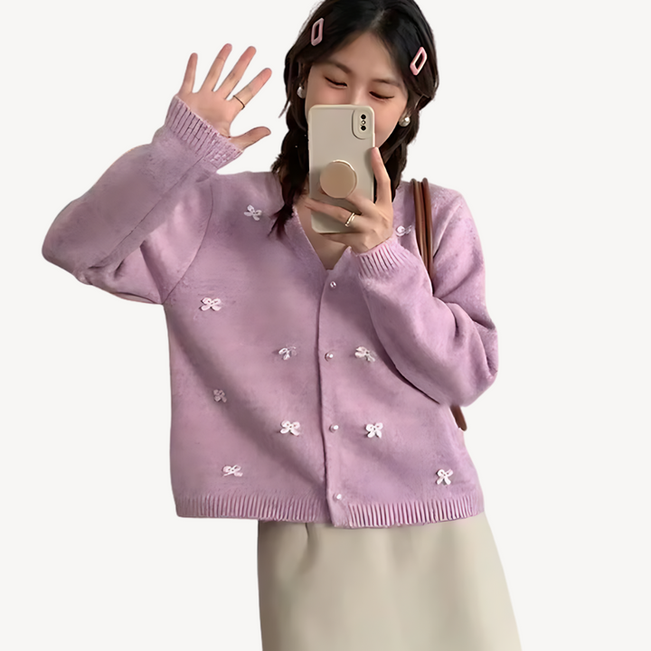 Womens Cardigan with Embroidery and Bow Detail