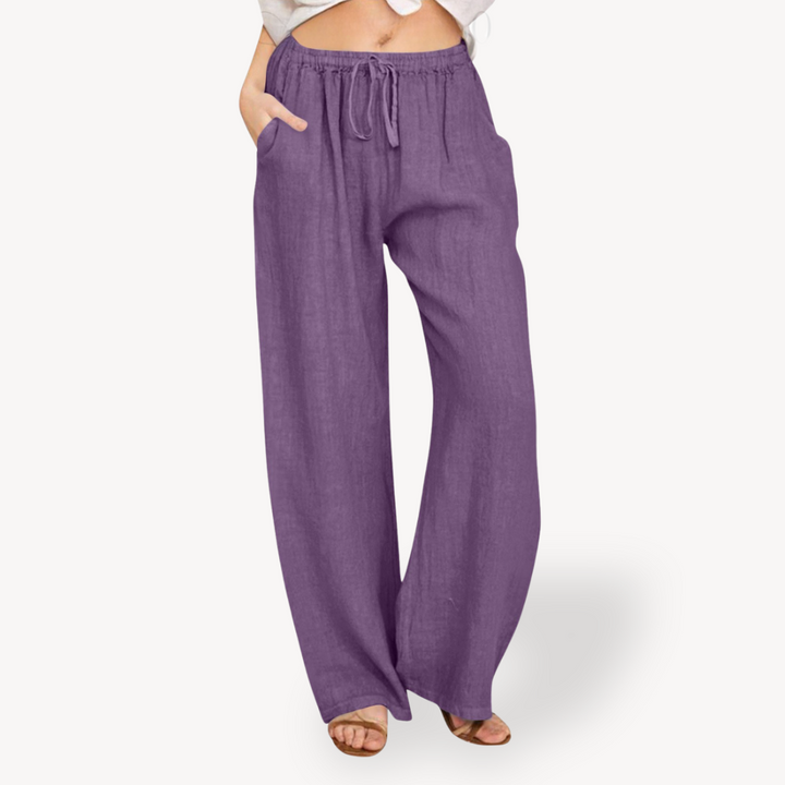 Womens Linen Wide-Leg Pants Drawstring Relaxed Fit
