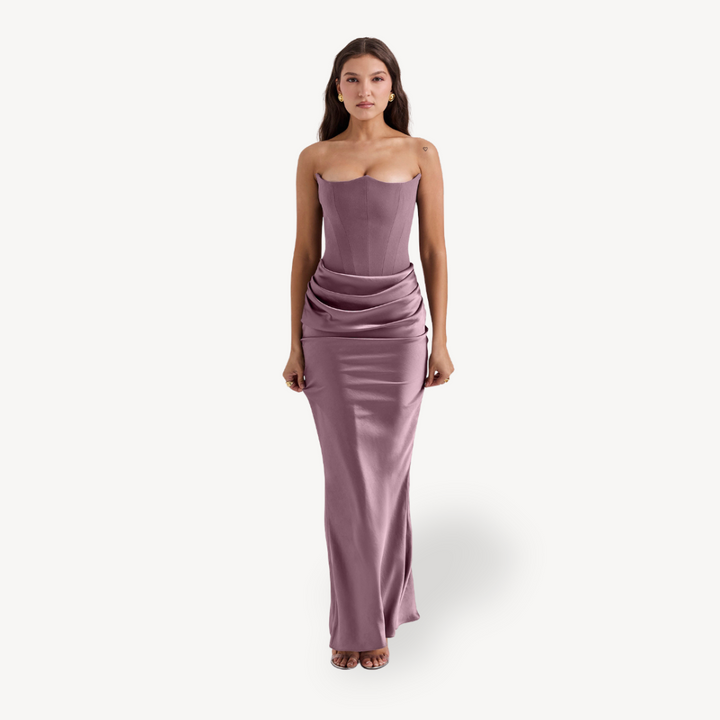 Womens Strapless Satin Corset Maxi Dress Formal Style