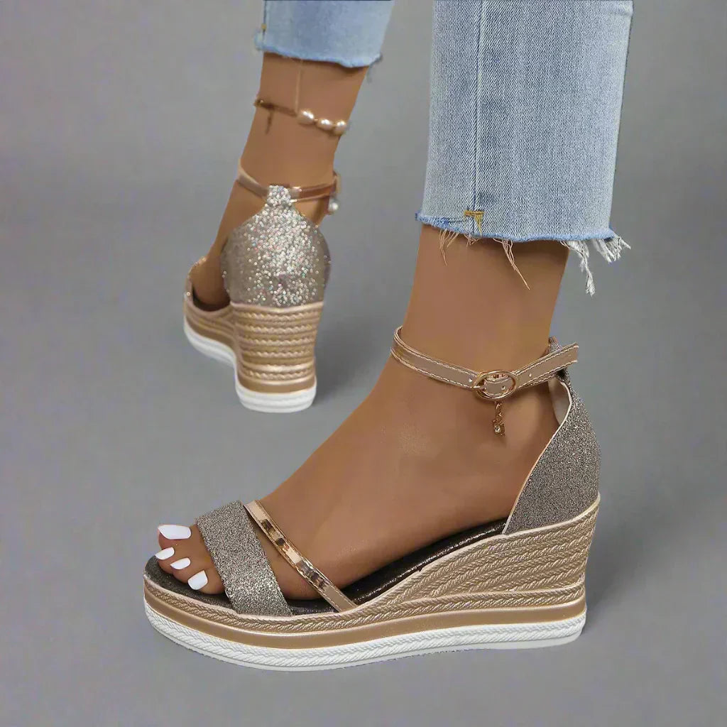 Womens Wedge Sandals with Glitter Ankle Strap Platform Sole - BritishMode