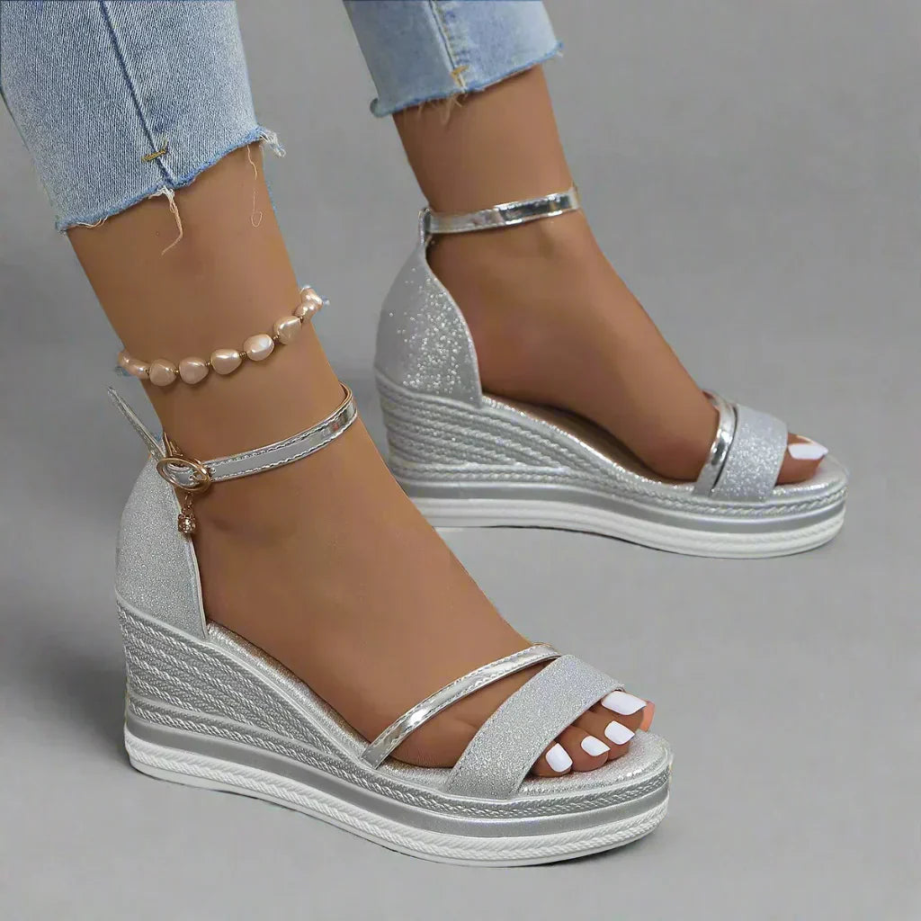 Womens Wedge Sandals with Glitter Ankle Strap Platform Sole