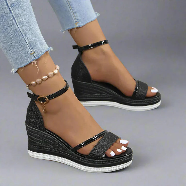 Womens Wedge Sandals with Glitter Ankle Strap Platform Sole