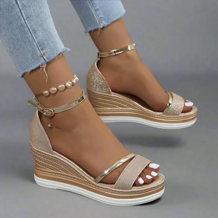 Womens Wedge Sandals with Glitter Ankle Strap Platform Sole