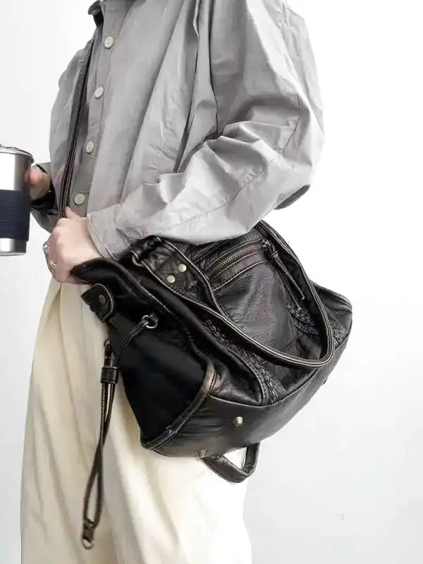 Womens School Handbag Leather Hard Shoulder Strap