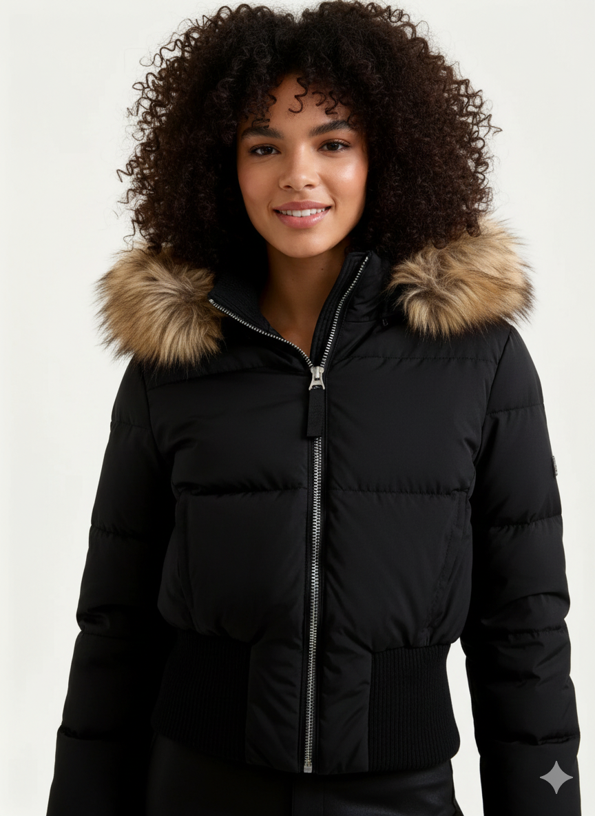 Womens Puffer Jacket with Faux Fur Hood Insulated Fit - BritishMode