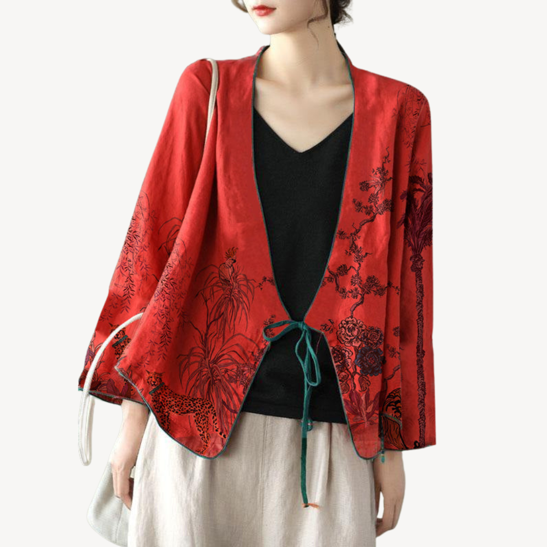 Womens Kimono Jacket Linen Blend Embroidered