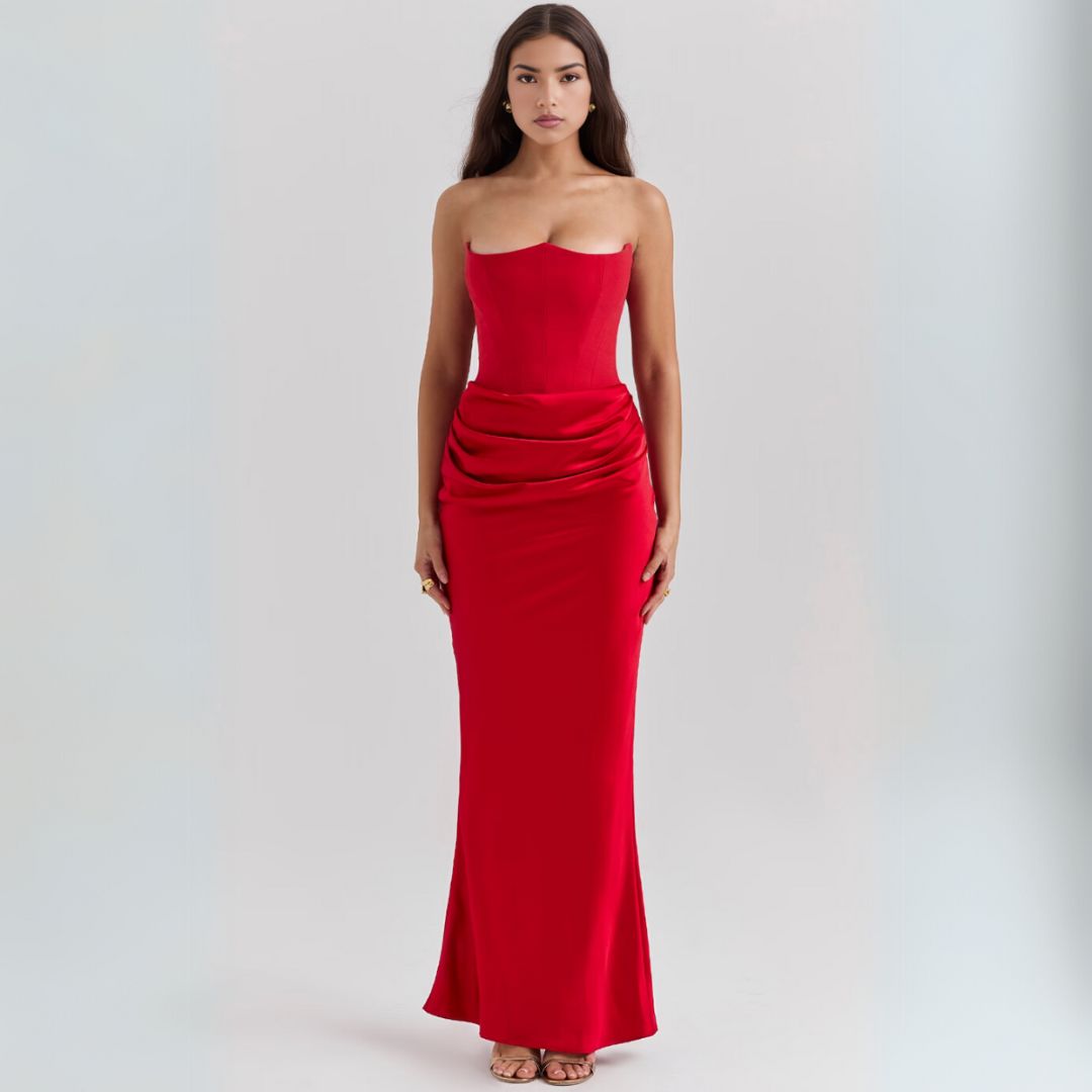 Womens Satin Strapless Corset Maxi Dress