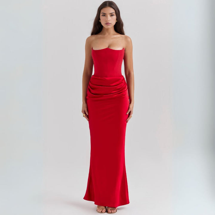 Womens Satin Strapless Corset Maxi Dress