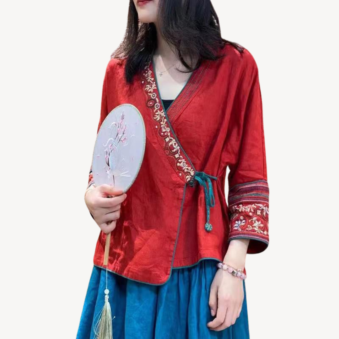 Womens Kimono Jacket Linen Blend Embroidered