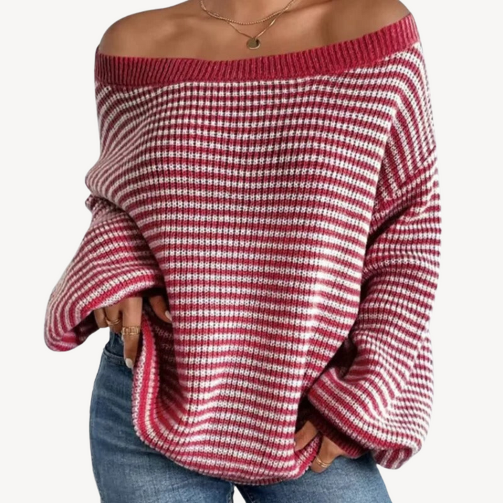 Womens Off-Shoulder Knit Sweater Striped Pattern