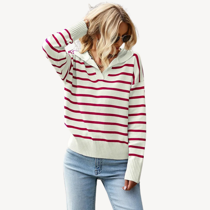 Womens Polo Knit Sweater Striped Pattern Regular Fit