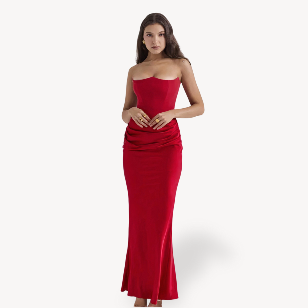 Womens Strapless Satin Corset Maxi Dress Formal Style