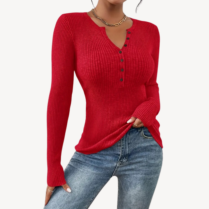 Womens Ribbed Henley Top with Buttons