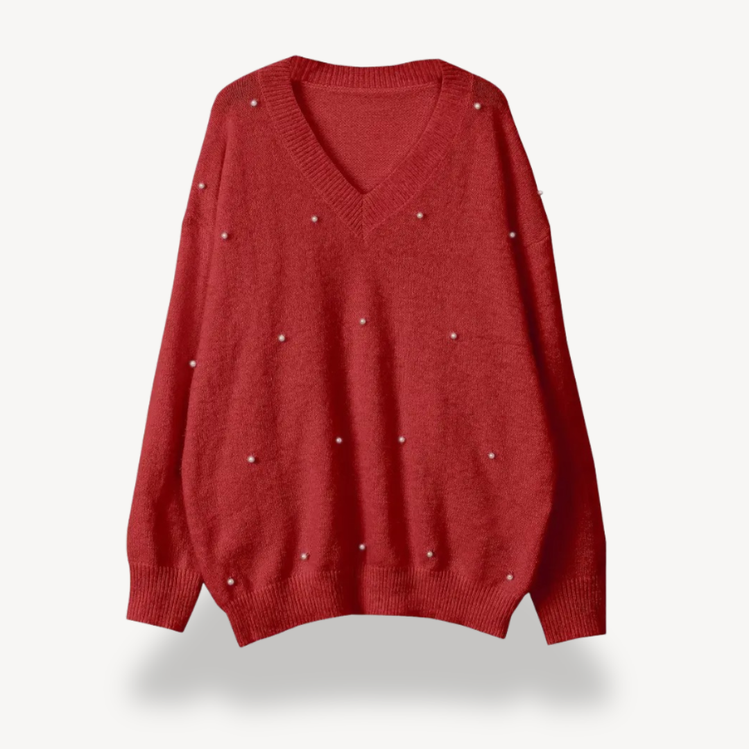 Womens V-Neck Sweater with Pearl Detail