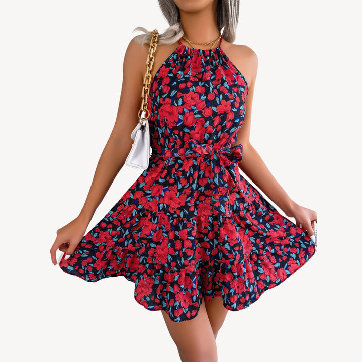 Womens Mini Dress with Halter Neck and Floral Print
