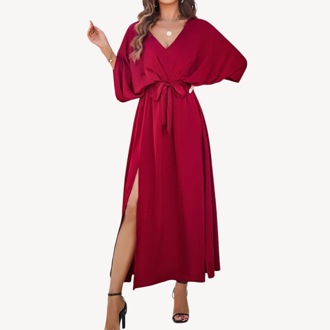 Womens Maxi Dress with V-Neck and Belted Waist