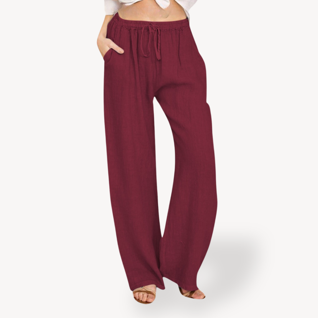 Womens Linen Wide-Leg Pants Drawstring Relaxed Fit