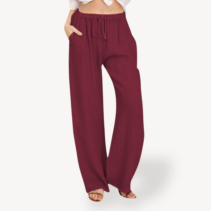 Womens Linen Wide-Leg Pants Drawstring Relaxed Fit