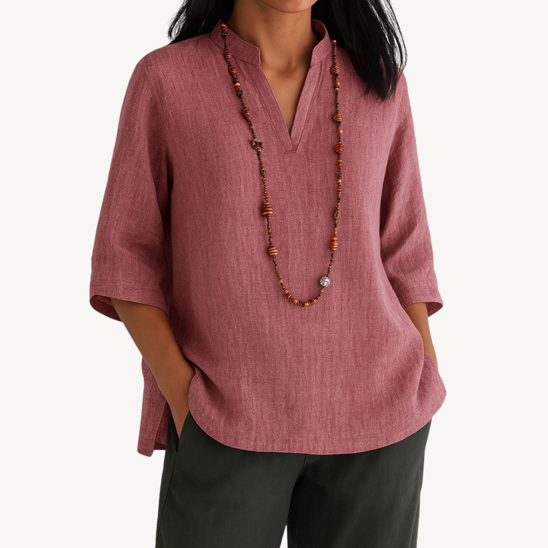 Womens Linen Tunic Top with Stand Collar V-Neck Relaxed Fit
