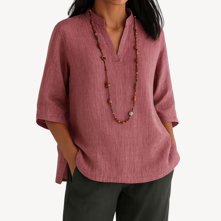 Womens Linen Tunic Top with Stand Collar V-Neck Relaxed Fit