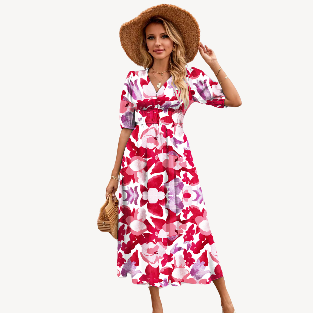 Womens Midi Dress with V-Neck and Floral Print