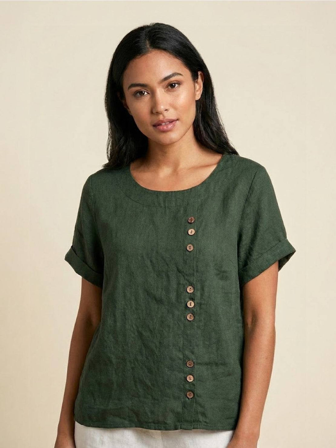 Womens Linen Blouse with Round Neck and Button Front - BritishMode
