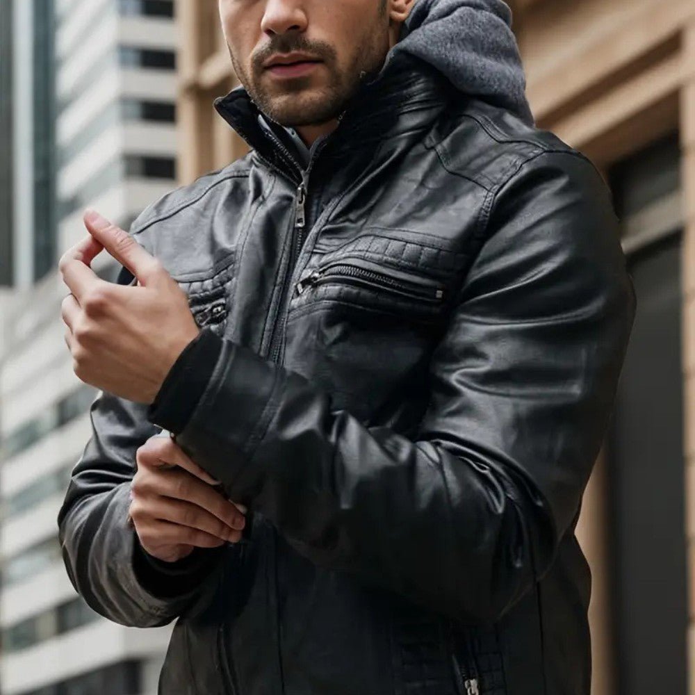 Mens Biker Jacket with Hood Retro Style