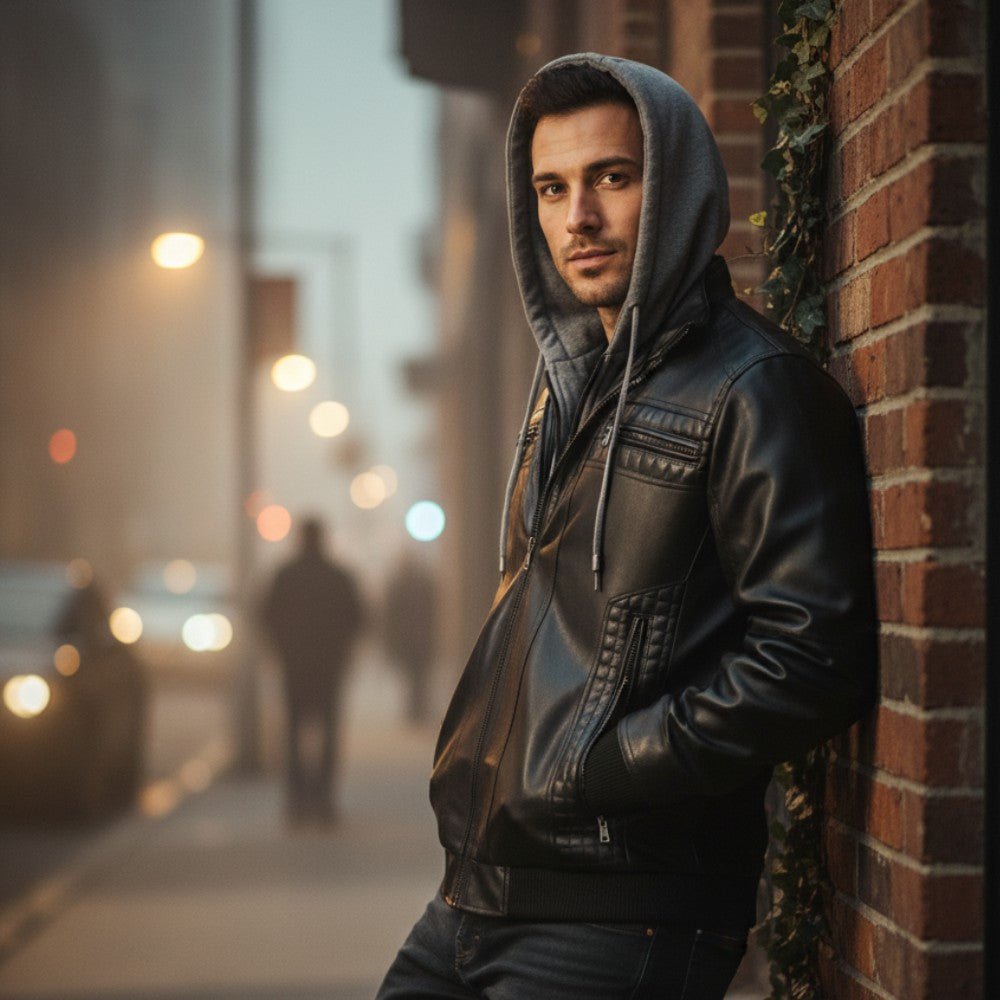 Mens Biker Jacket with Hood Retro Style