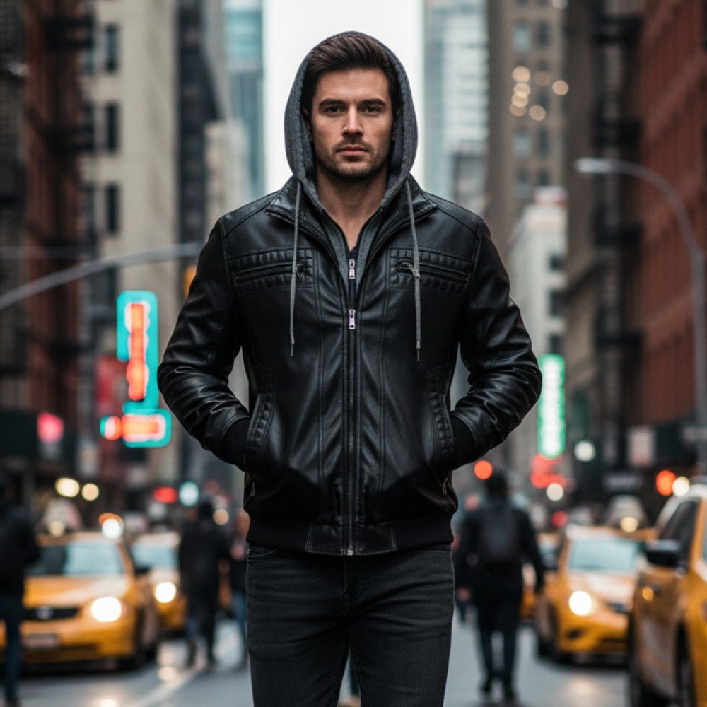 Mens Biker Jacket with Hood Retro Style - BritishMode