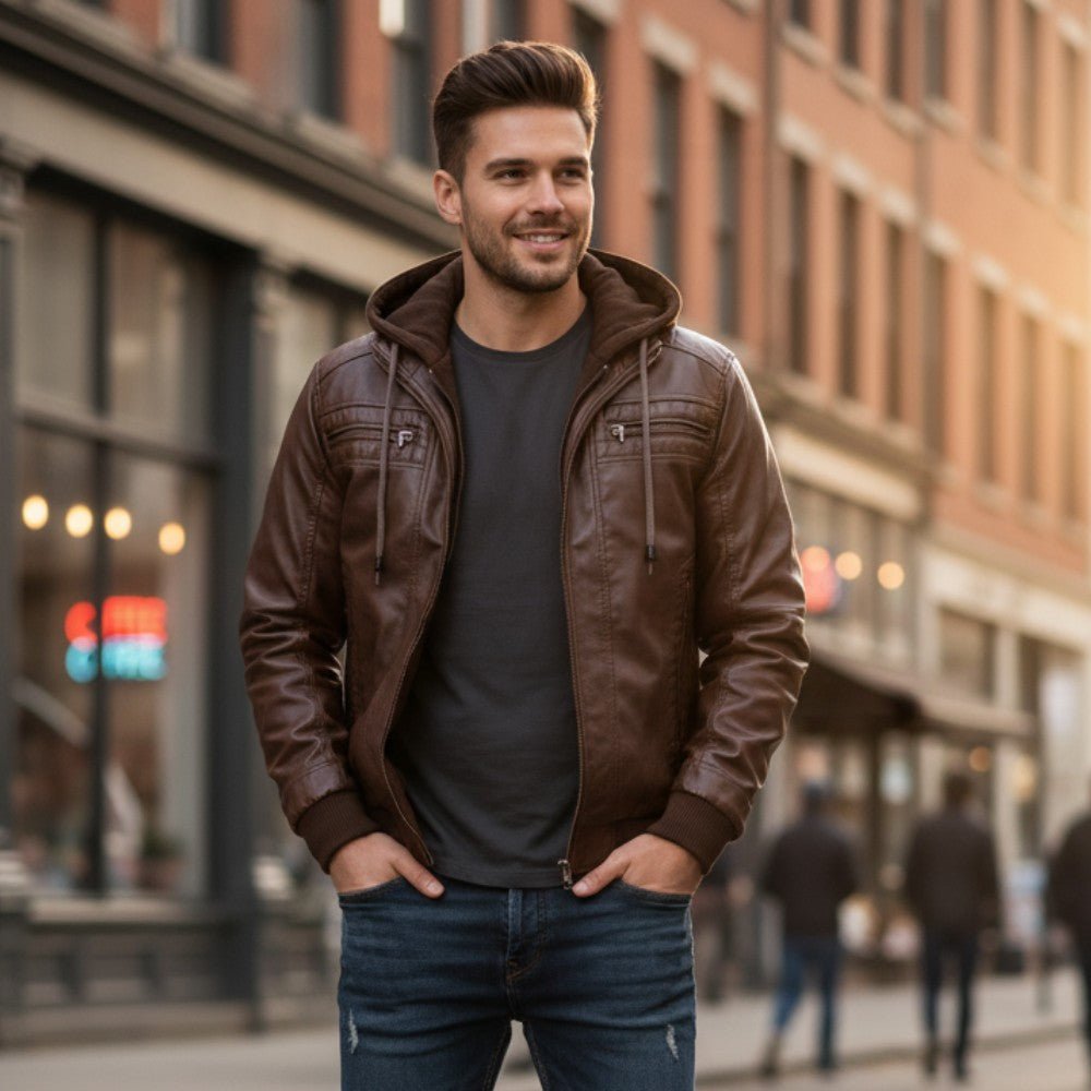 Mens Biker Jacket with Hood Retro Style