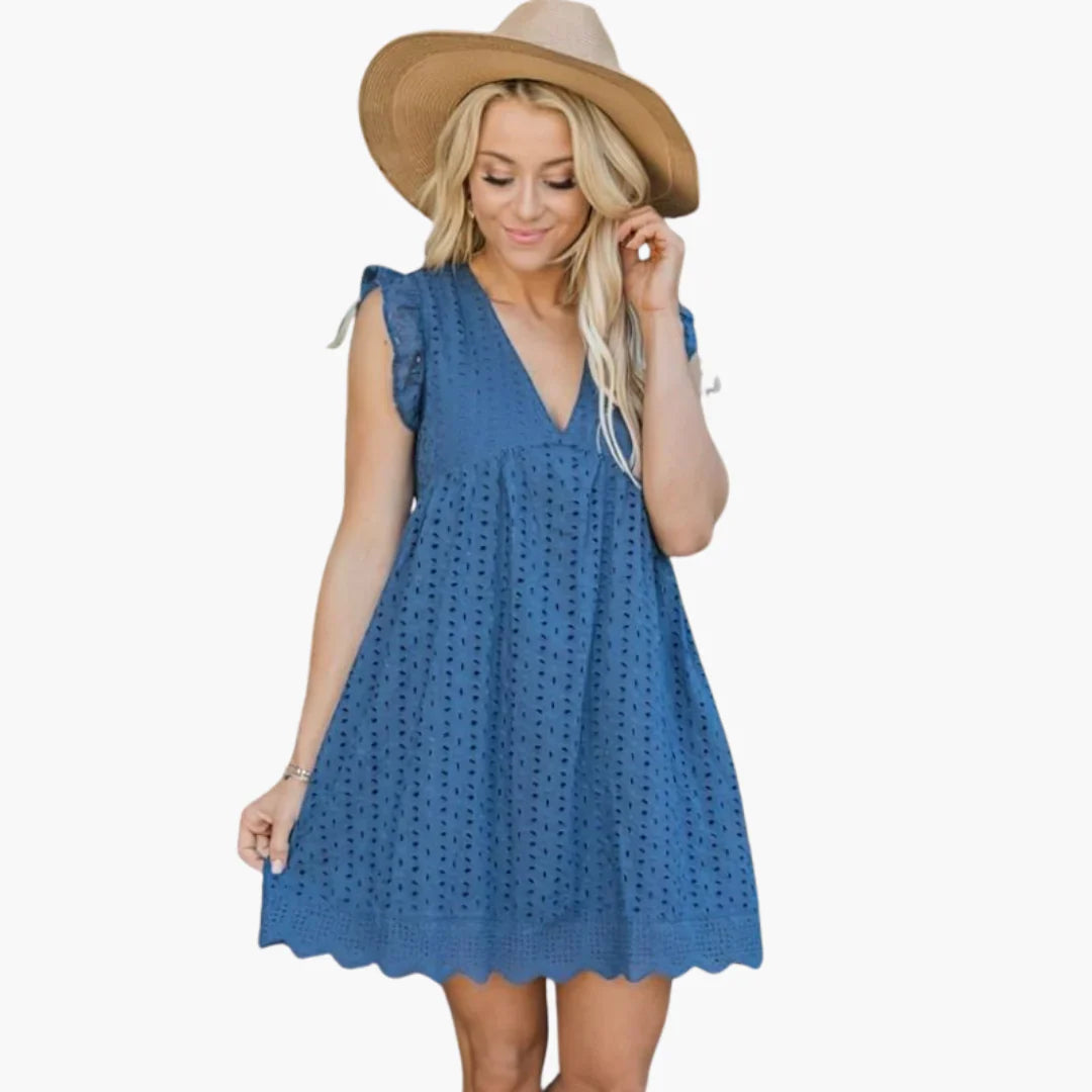 Womens Eyelet Mini Dress with Flutter Sleeves Scalloped Hem - BritishMode
