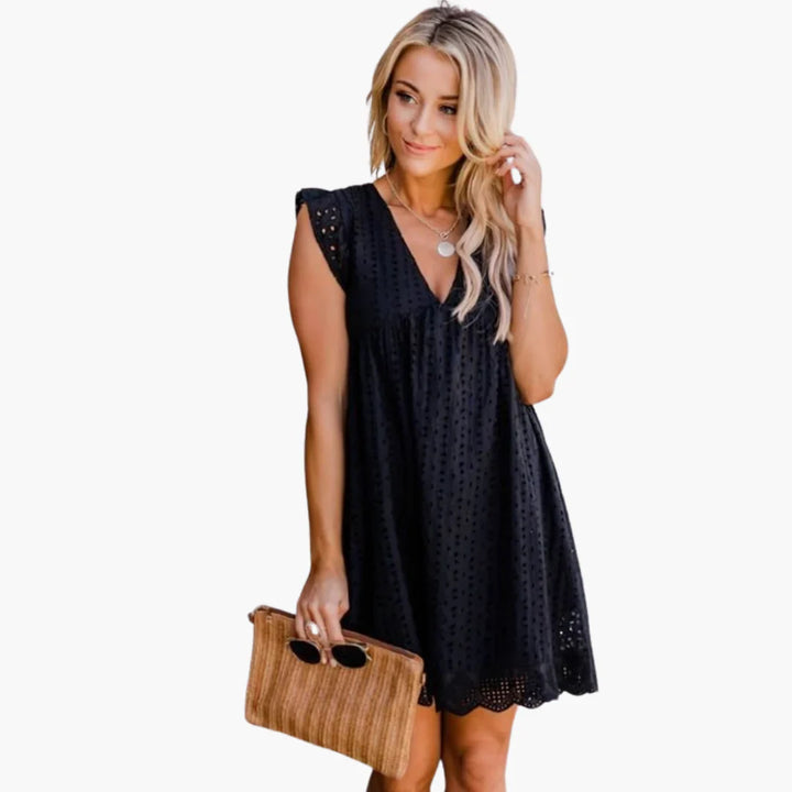 Womens Eyelet Mini Dress with Flutter Sleeves Scalloped Hem