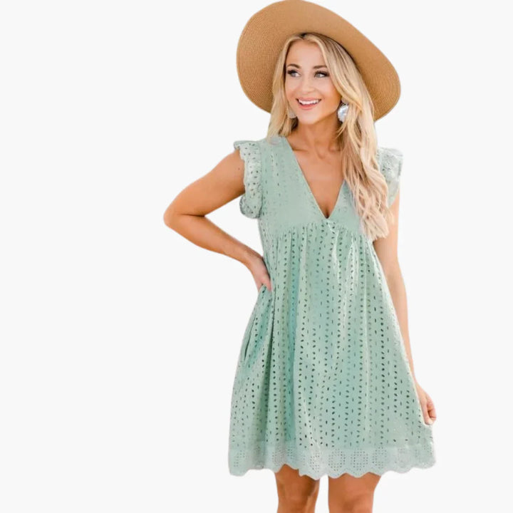 Womens Eyelet Mini Dress with Flutter Sleeves Scalloped Hem