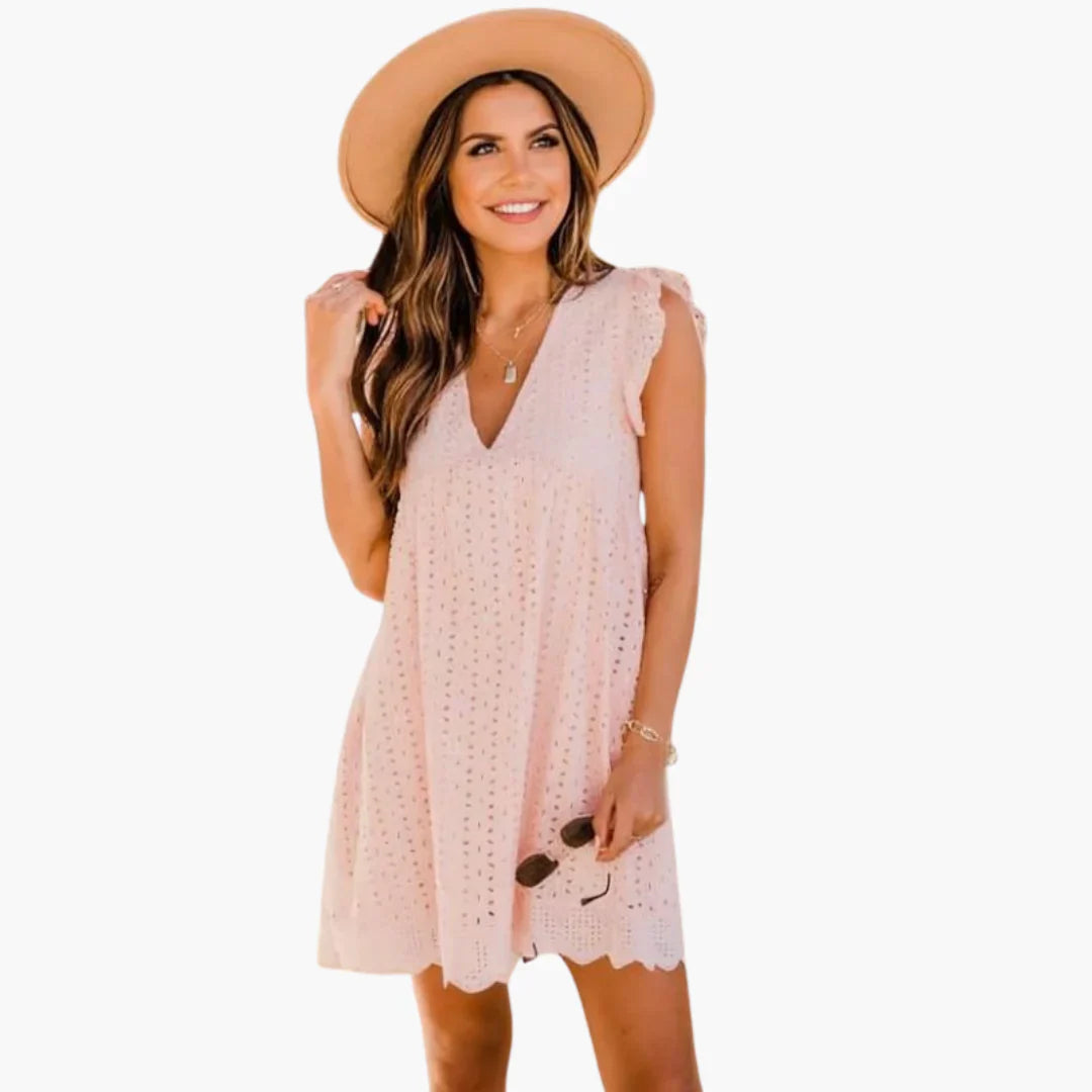 Womens Eyelet Mini Dress with Flutter Sleeves Scalloped Hem