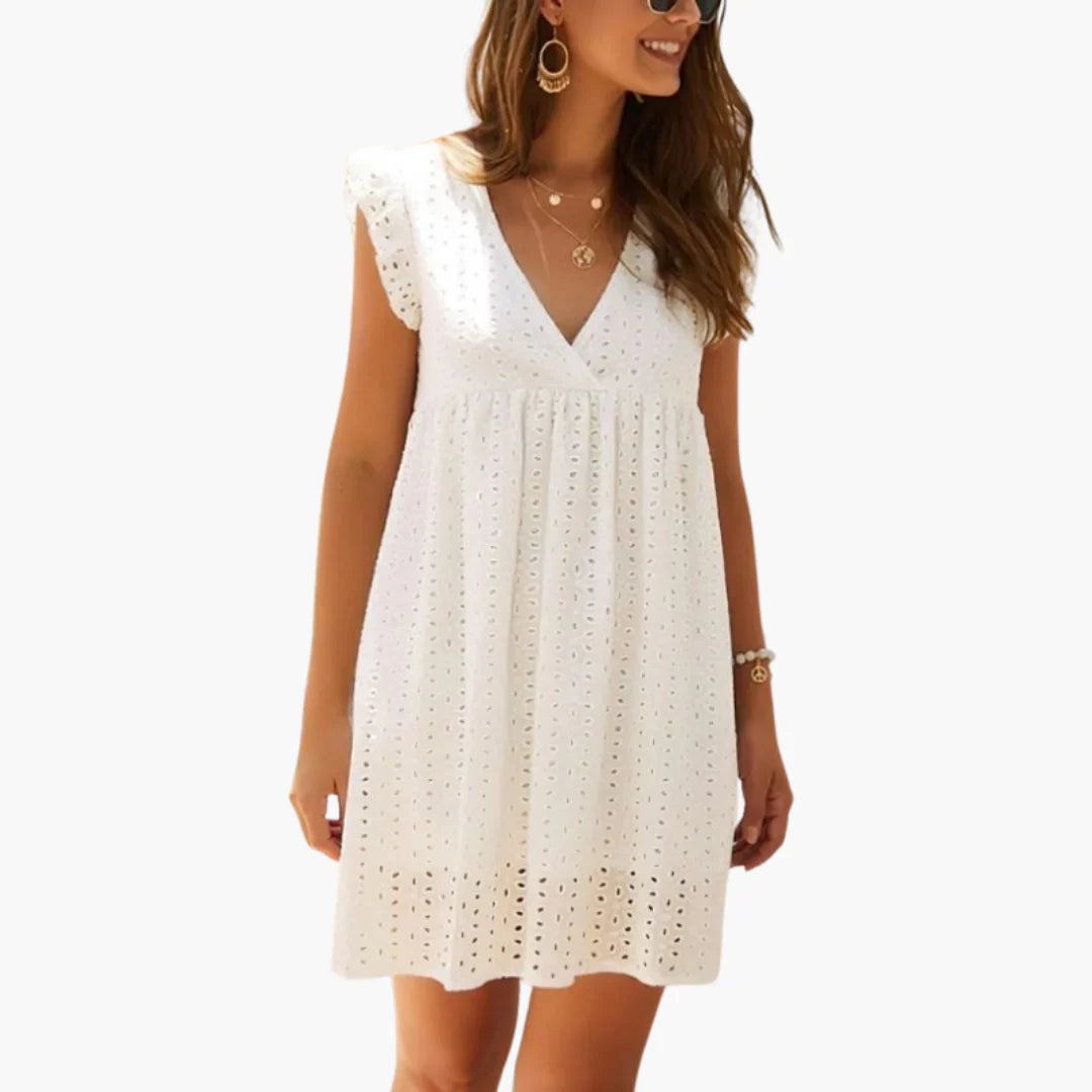 Womens Eyelet Mini Dress with Flutter Sleeves Scalloped Hem