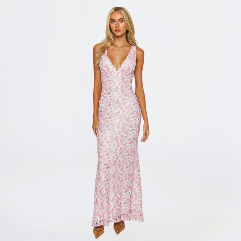 Womens Maxi Dress Floral Lace Plunge Neck - BritishMode