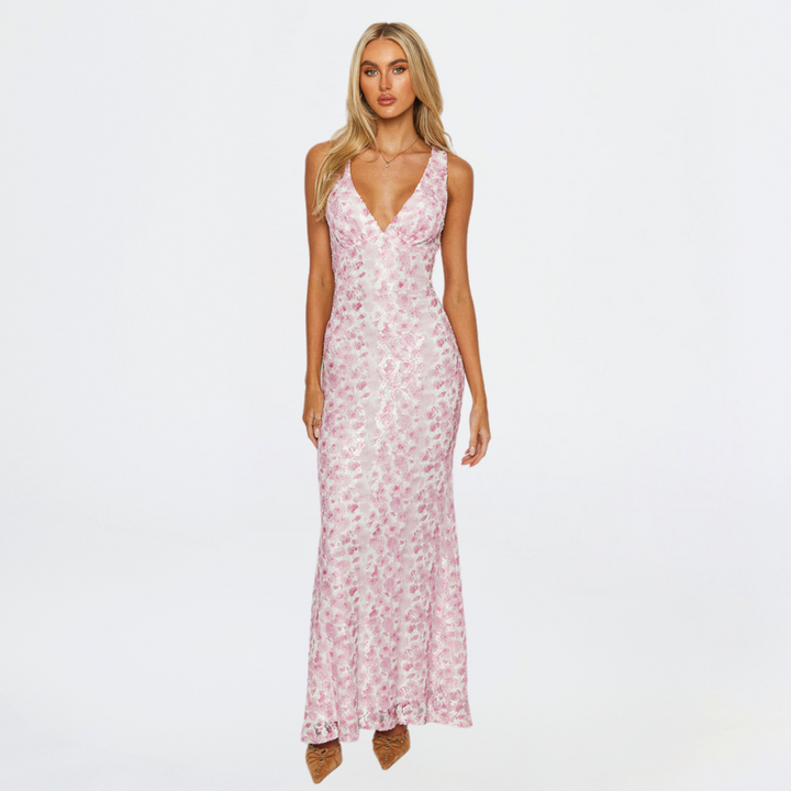Womens Maxi Dress Floral Lace Plunge Neck - BritishMode