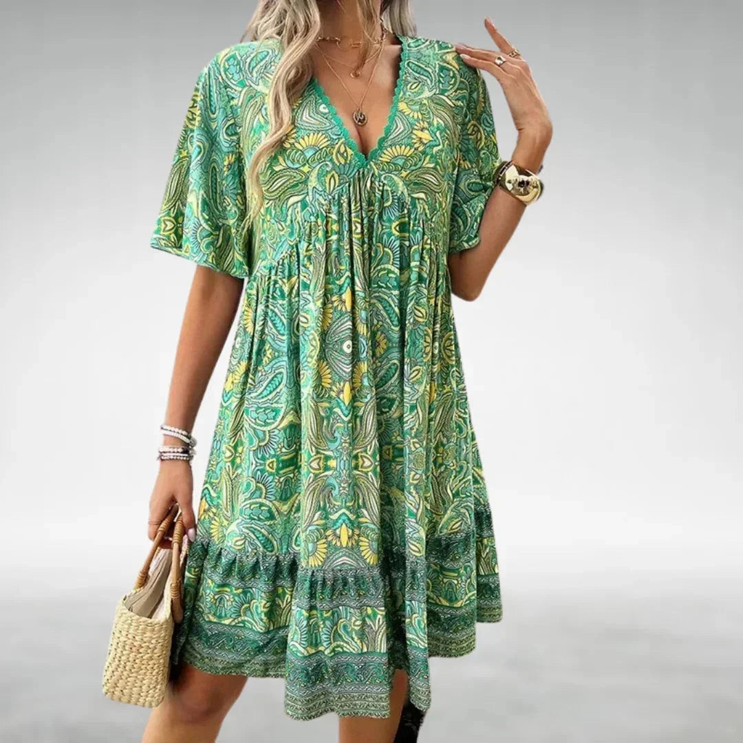 Womens Mini Dress Bohemian Style V-Neck Flutter Sleeves