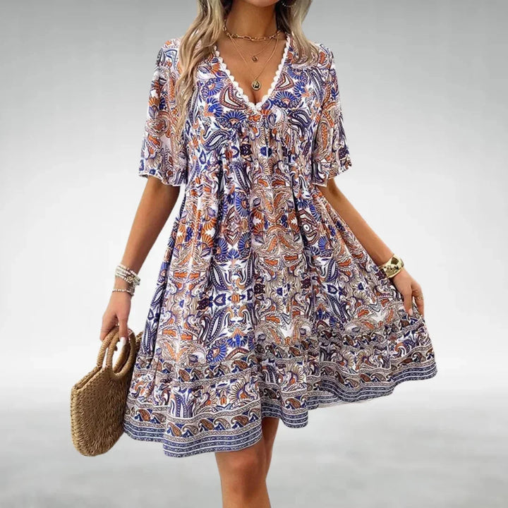 Womens Mini Dress Bohemian Style V-Neck Flutter Sleeves
