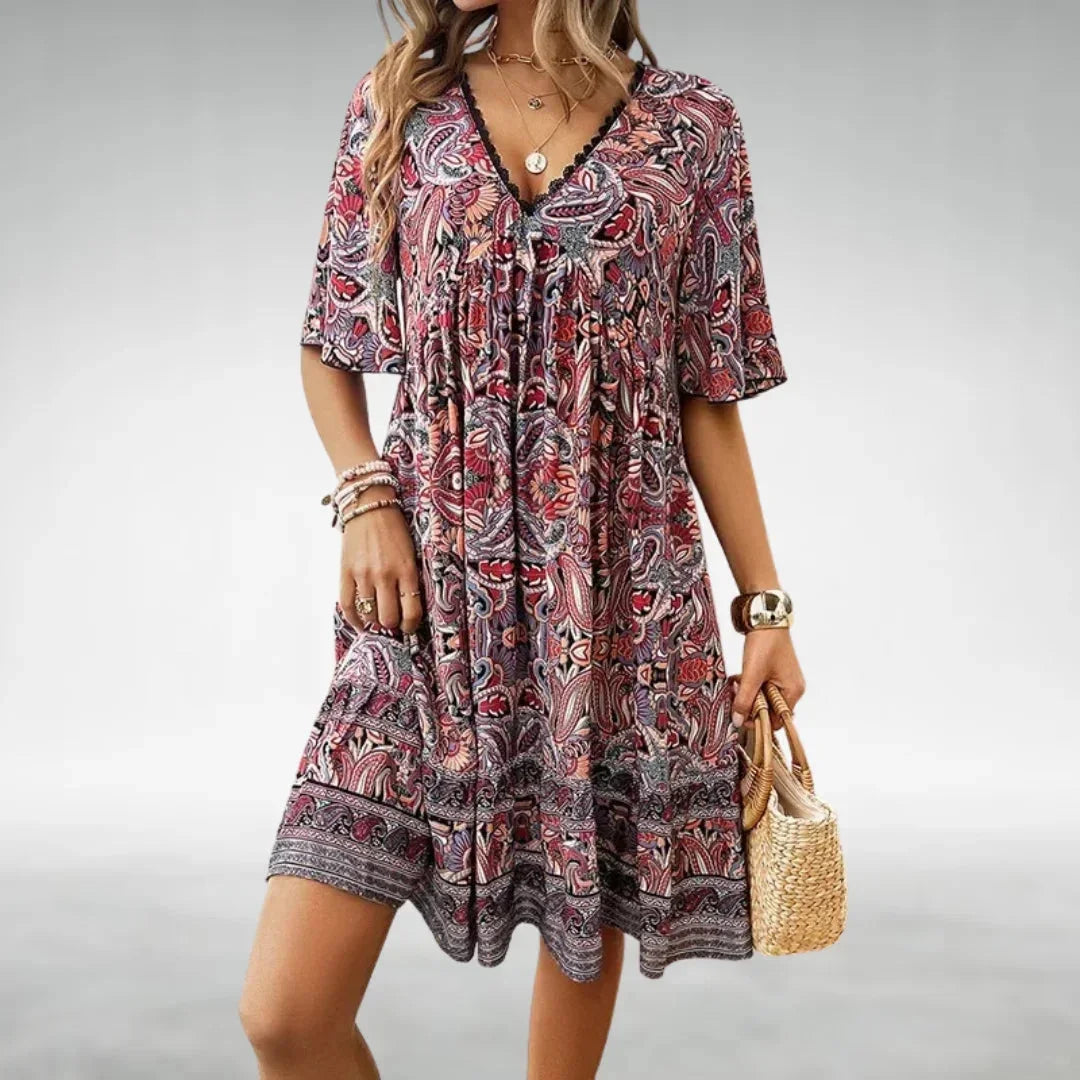 Womens Mini Dress Bohemian Style V-Neck Flutter Sleeves