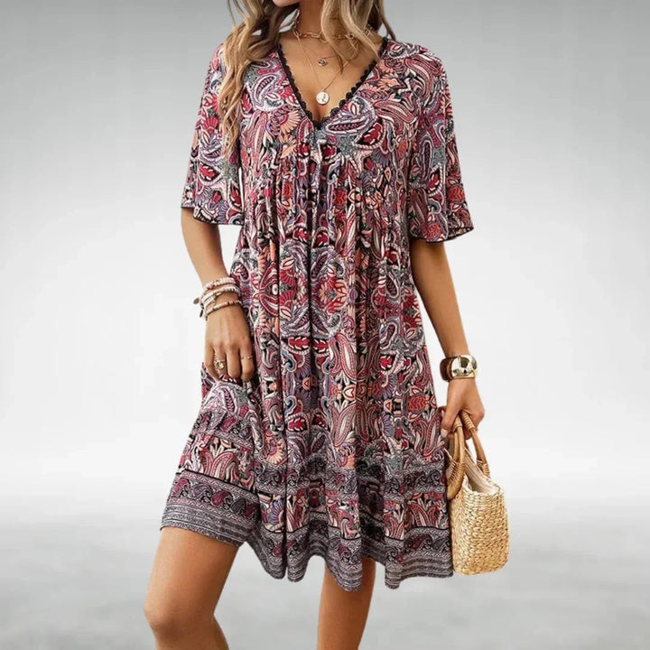 Womens Mini Dress Bohemian Style V-Neck Flutter Sleeves