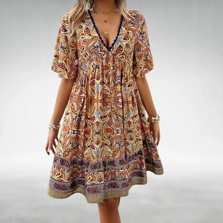 Womens Mini Dress Bohemian Style V-Neck Flutter Sleeves