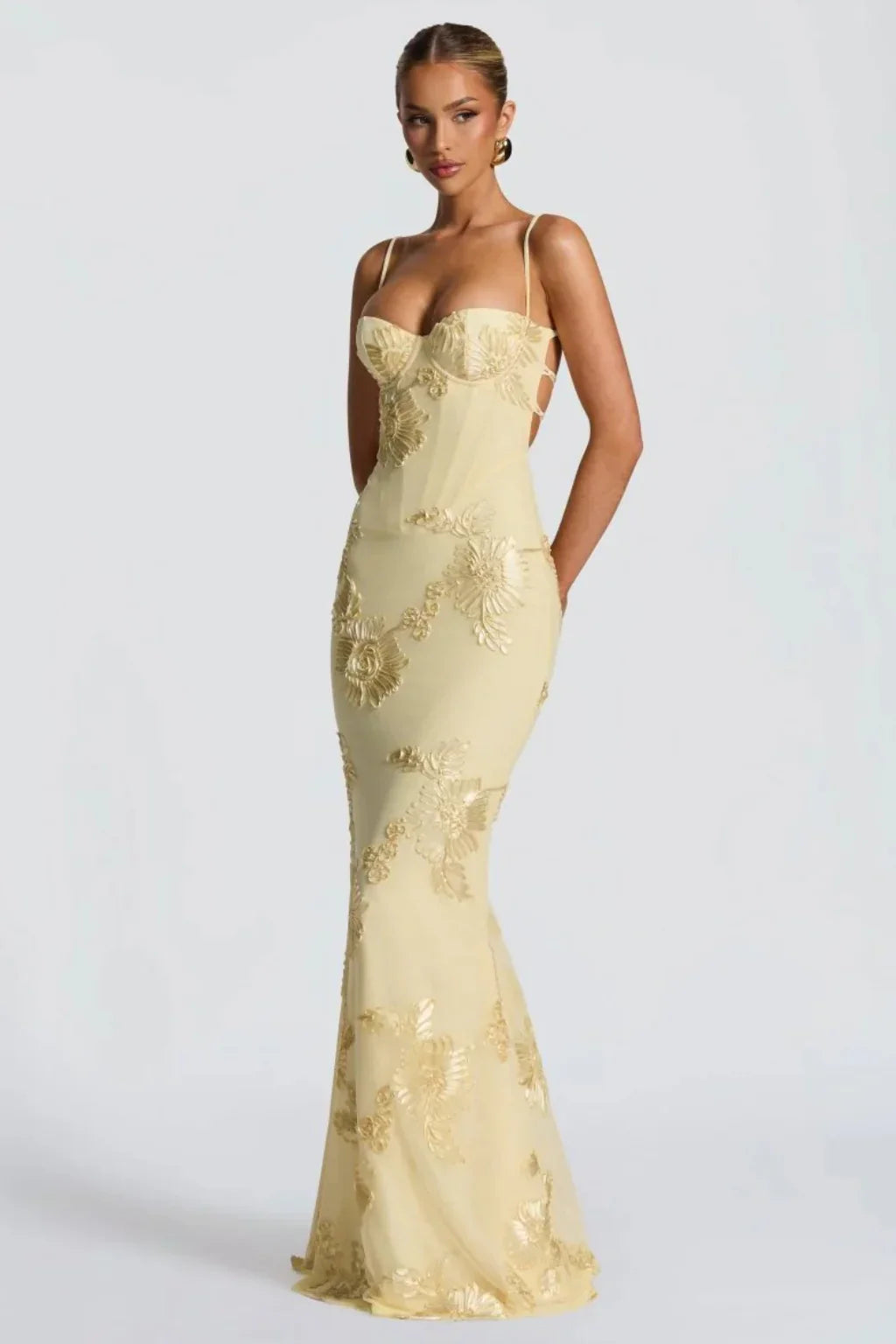 Womens Maxi Dress Embroidered Floral Corset Bodice Cami Straps